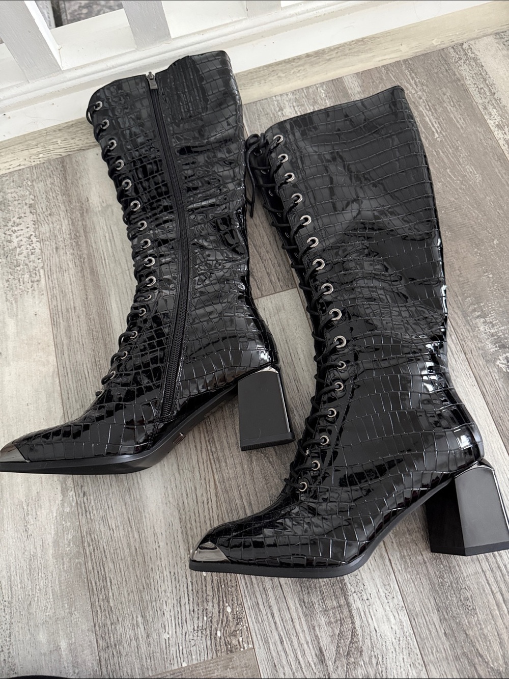 Black Croc-Embossed Lace-Up Over-the-Knee Boots